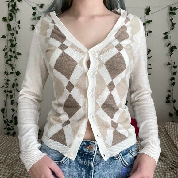 2000s New York & Company Argyle Cardigan Button Up - Picture 1 of 6